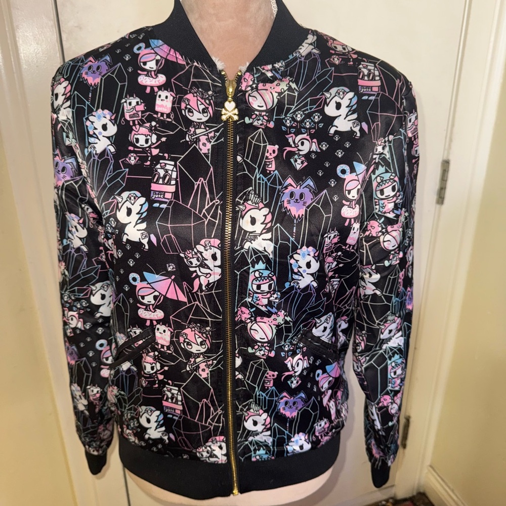 Tokidoki Black Bomber Jacket with Colorful Characters